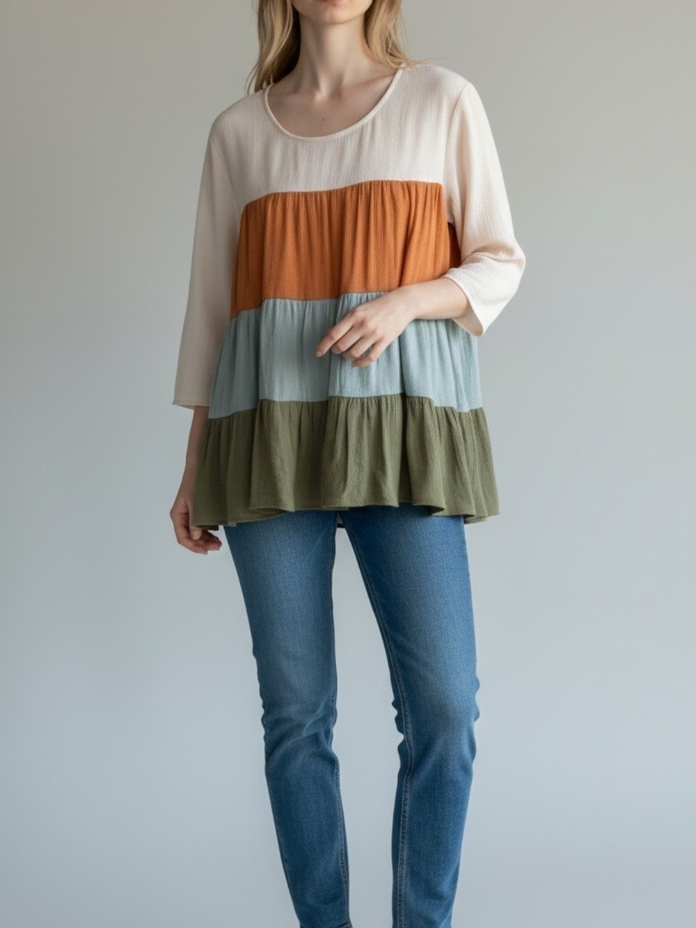 Entro Colorblock Tiered Peplum Top in Cream, Rust, Sage, and Olive